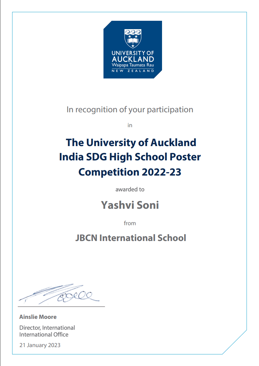 University of Auckland India SDG High School Poster Competition 2022-23 certificate awarded to Yashvi Soni